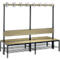 Garderobebank Basic Plus, 2-zijdig, rugleuning, met schoenenrek, pootstel zwart grijs RAL 7021, B 1960 mm, decor eiken Ser.