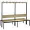 Garderobebank Basic Plus, 2-zijdig, rugleuning, zonder schoenenrek, pootstel zwart grijs RAL 7021, B 1960 mm, decor eiken Ser.