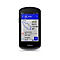 Schwarzes Garmin-Fahrrad-Navigationsgerät mit blauem Bildschirm, der Navigationsdaten und Streckenkarten anzeigt.