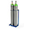 Two gray gas cylinders in a blue rack.