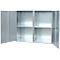 Open steel cabinet with two doors and shelves. The doors are open, the cabinet empty.
