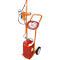 Orange painter on a trolley with red gas bottle, spray gun and hose.