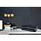 Laminateur noir sur un bureau blanc avec ordinateur portable, stylos et notes.