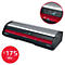 Lamineerapparaat, zwart-zilver met rood detail, bedieningspaneel, cirkel met tekst: ≤175 Mic.