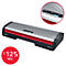 Grauer Laminator mit roter Akzentfarbe. Ein vergrößertes Detail zeigt die Bedienknöpfe mit Temperaturanzeige. Darunter ein roter Kreis mit Schriftzug: ≤125 Mic.