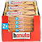 Display box filled with multiple Hanuta hazelnut wafer packs in a red cardboard box.