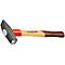 A metal hammer with wooden handle, red ring and manufacturer logo.