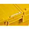 Gelbe Transportbox, verschlossen mit weißem Kabelbinder. Detailaufnahme.