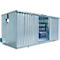 Silberfarbener Container mit Schiebetür, darin Regale mit Behältern. Kleiner Schrank und Licht darüber.