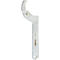 Eine silberne Hakenschlüssel. Der Kopf ist gebogen und öffnet sich, der Griff ist länglich.