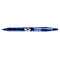 Blauer, transparenter Stift auf weißem Hintergrund. Der Stift hat einen blauen Schaft, eine blaue Spitze und einen blauen Clip mit der Aufschrift "PILOT".