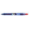 Transparenter Kugelschreiber, rot-violette Tinte, blauer Schaft. Der Stift hat einen roten Deckel. Die Marke PILOT ist auf dem Stift abgebildet.