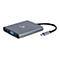 Grauer USB-C-Hub mit VGA- und USB-Anschlüssen sowie kurzem Kabel vor weißem Hintergrund.