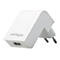Weißer Energenie-Wandadapter mit USB-Anschluss und europäischem Stecker vor weißem Hintergrund.