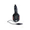 Schwarzes Gaming-Headset mit roten Akzenten und Kabelfernbedienung vor weißem Hintergrund.