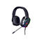 Schwarzes Gaming-Headset mit RGB-Beleuchtung an den Ohrmuscheln und einem ausklappbaren Mikrofon auf weißem Grund.