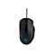 Schwarze Gaming-Maus mit blauem Logo und Kabel vor weißem Hintergrund.