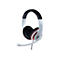 Weißes Gembird-Headset mit schwarzem Kopfpolster, Ohrmuscheln und ausklappbarem Mikrofon vor weißem Hintergrund.