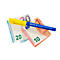 Een cilindrisch object, blauw en geel. Op het blauwe gedeelte staat in witte letters "GENIE QUICKTESTER".