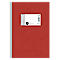 Rotes Notizbuch mit weißem Etikett, Aufschrift Geschäftsbuch, Diarium. Grauer Buchrücken.