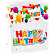 Weiße Geburtstagstüte mit bunten Luftballons, Wimpeln und "Happy Birthday" Schriftzug.