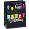 Schwarze Geburtstagsgeschenktüte mit bunten Ballons und "Happy Birthday!"