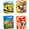 Vier Geschenkbeutel mit unterschiedlichen Blumen- und Landschaftsmotiven: Blumenstrauß, Mohnblumen, italienische Landschaft.