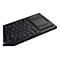 Schwarze Tastatur mit integriertem Touchpad und deutschen Tastenbeschriftungen auf weißem Hintergrund.