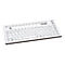 Weiße, flache Induproof-Tastatur mit deutschem Layout auf weißem Hintergrund.