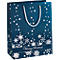 Dark blue gift bag with silver snowflakes and the inscription "Merry Christmas". Gray cord as a handle.