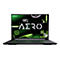 Schwarzer Laptop, Display mit "AERO"-Schriftzug und grünen Akzenten, Marke Gigabyte.