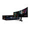 Ein gebogener AORUS-Gaming-Monitor mit Zubehör und Verpackung. Der Monitor zeigt ein futuristisches Grafikdesign.
