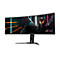 Ein ultrabreiter AORUS Gaming-Monitor mit futuristischem Roboter-Hintergrundbild vor weißem Hintergrund.