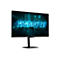 Ein schwarzer Monitor mit der Aufschrift GIGABYTE, vor einem blauen Hintergrund. Der Monitor steht auf einem schwarzen Fuß.