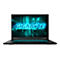 Schwarzes Laptop, Bildschirm mit GIGABYTE Logo und blauen Lichtelementen.