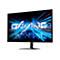 Gigabyte Gaming-Monitor mit schmalem Rahmen vor weißem Hintergrund, Display zeigt dynamische Lichteffekte und Schrift.