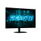 Gigabyte Monitor vor weißem Hintergrund mit leuchtendem blauem Schriftzug auf dem Display.