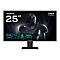 Schwarzer 25-Zoll-Monitor mit Branding, technischen Spezifikationen und einem Gaming-Hintergrundbild.