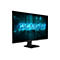 Ein schwarzer Gigabyte-Monitor, der auf einem Tisch steht. Das Firmenlogo leuchtet blau auf dem Bildschirm.