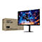 Gigabyte M27UP Gaming-Monitor mit schmalem Rahmen und Gaming-Grafik auf dem Display, davor der zugehörige Produktkarton.