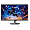 Gigabyte Gaming-Monitor mit schmalem Rahmen und Standfuß zeigt eine futuristische Stadtlandschaft mit einem Kämpfer.