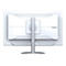 Rückseite eines weißen Gigabyte-Gaming-Monitors mit silbernem Standfuß vor weißem Hintergrund.