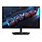 Gigabyte Gaming-Monitor mit dünnem Rahmen auf schwarzem Standfuß vor futuristischem Cyberpunk-Hintergrund.