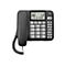 Schwarzes schnurgebundenes Telefon. Ein Display zeigt Datum und Uhrzeit. Knöpfe mit Buchstaben und Zahlen sind sichtbar.