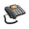 Schwarzes Tischtelefon, Display mit Namen JULIA und Rufnummer, graue Tasten, orangefarbene Beleuchtung.