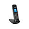 Schwarzes schnurloses Telefon mit blauem Bildschirm und Bluetooth-Symbol. Auf der Basis geladen.