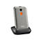 Graues Handy in Ladestation. Orangefarbene SOS-Taste. Schriftzug Gigaset.