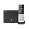 Schwarze Gigaset Basisstation und silbernes DECT-Telefon mit beleuchtetem Display vor weißem Hintergrund.