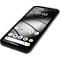Schwarzes Smartphone in Schrägansicht mit aktivem Display und Datum-Uhrzeit-Anzeige auf weißem Hintergrund.