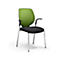 A chair with a green back, a black seat, and chrome legs; black armrests.